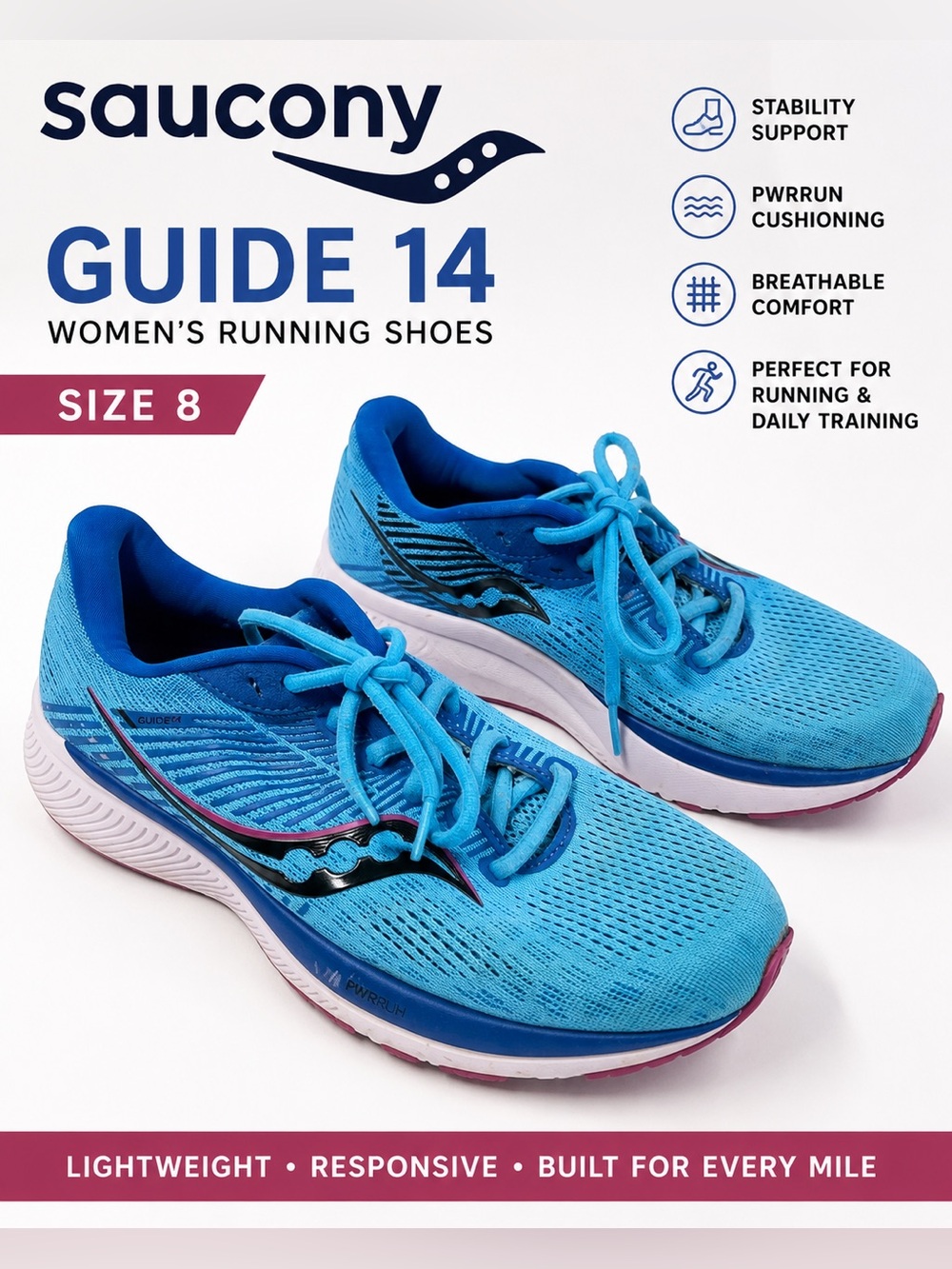 Saucony Guide 14 Women’s Running Shoes Size 8 Blue PWRRUN Stability Athletic